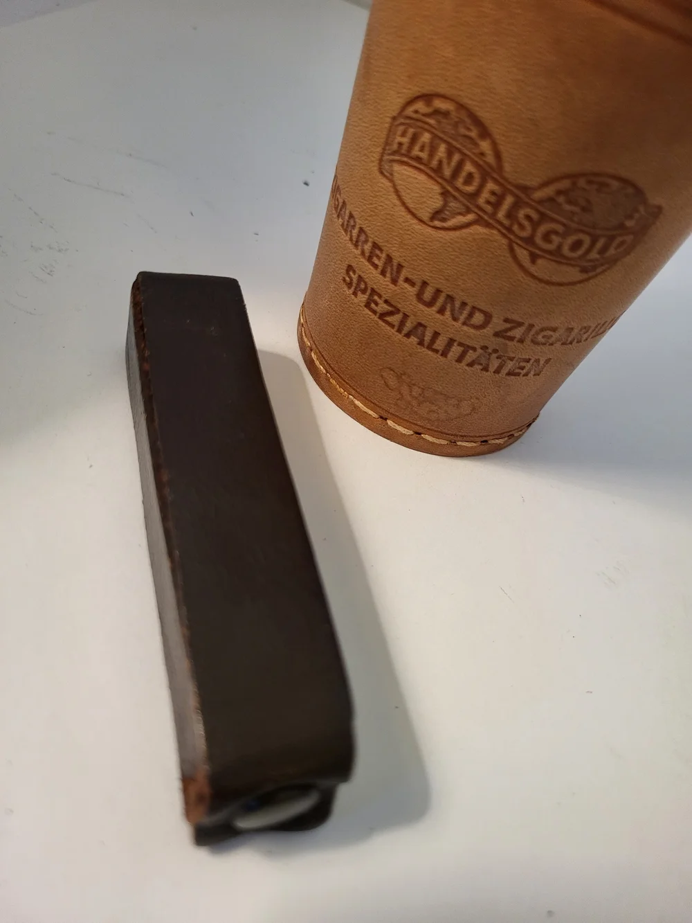 1960s German Handelsgold Leather Dice Cup and Set/5 Dice